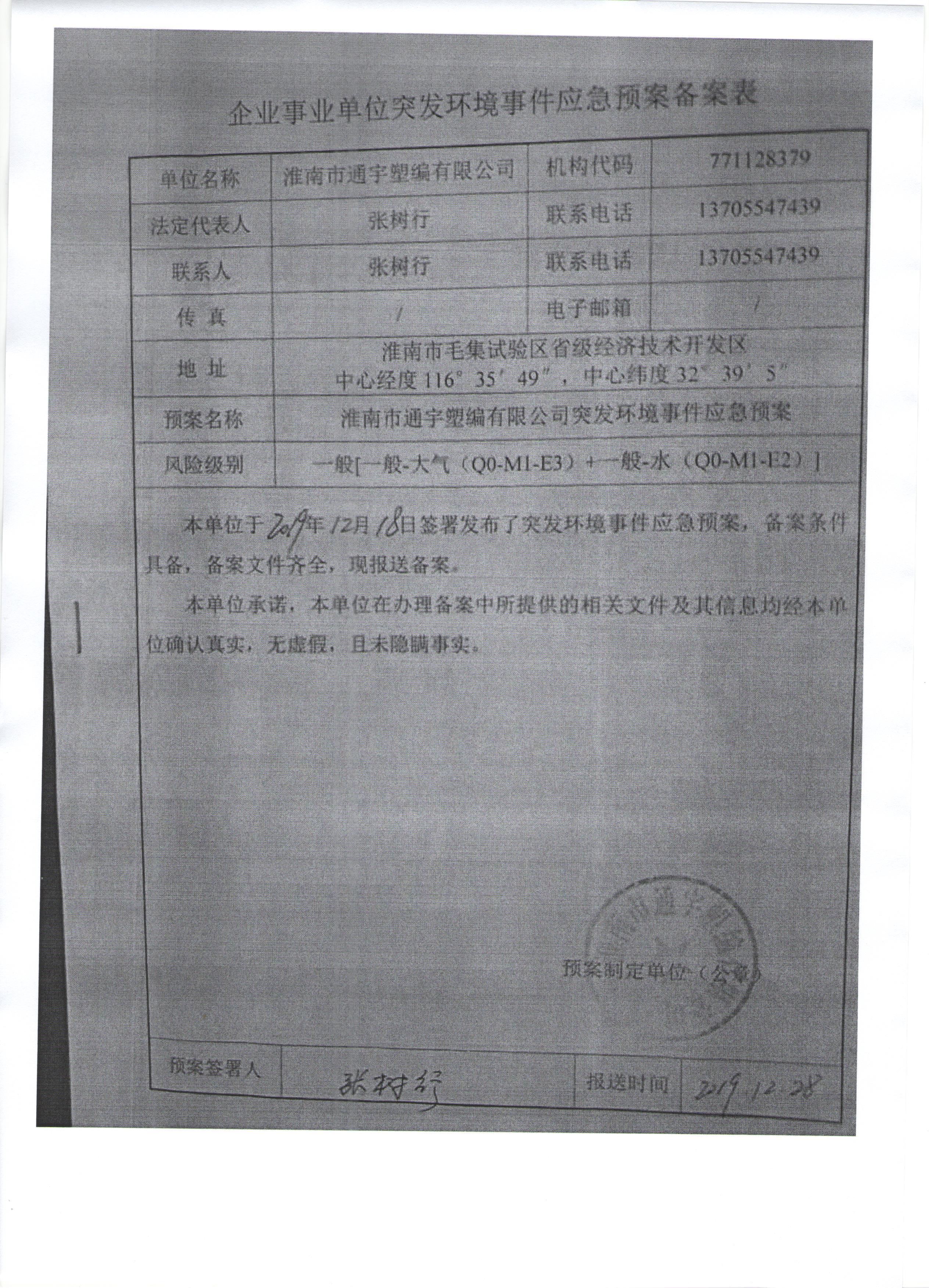企业事业单位突发环境事件应急预案备案表